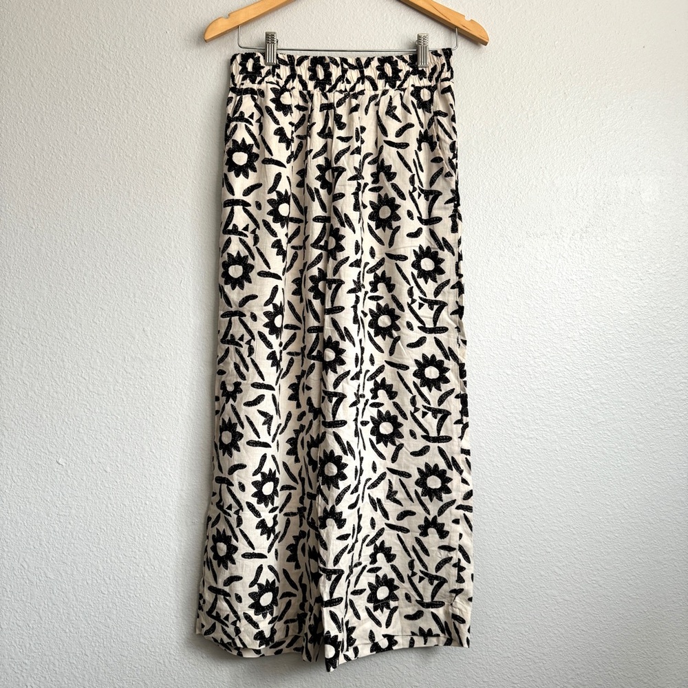 Christian Siriano Abstract Sun Printed Linen Blend Wide Leg Cropped Pants Size S